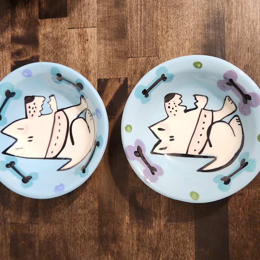Set Of 2 Signed Cartoon Dog - Dog Bone Pottery Bowls